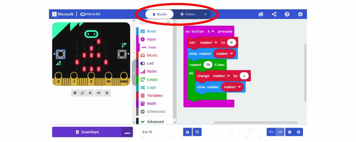 Screenshot of Microsoft’s MakeCode site for micro:bit with custom coding.