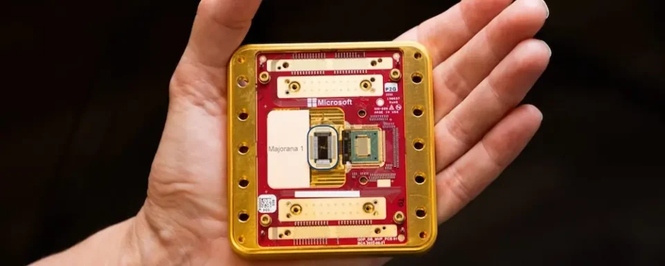 A hand holds the new Majorana 1, the future of quantum computers.