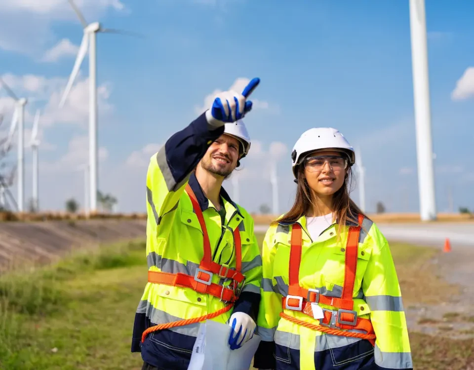 A man and woman working in the environmental industry point to a windmill to demonstrate the importance of STEM education and workforce readiness.