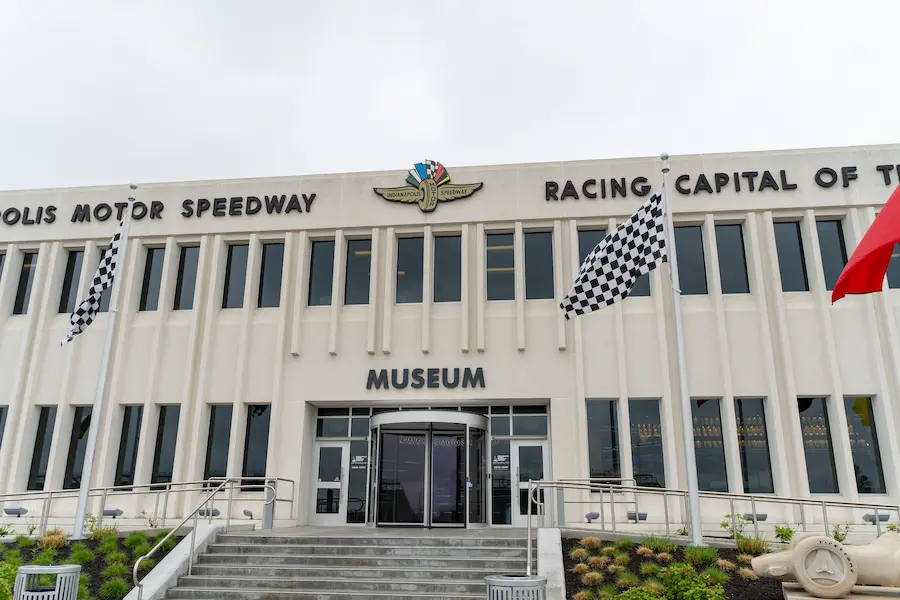 An exterior photo of the front of the Indianapolis Motor Speedway Museum