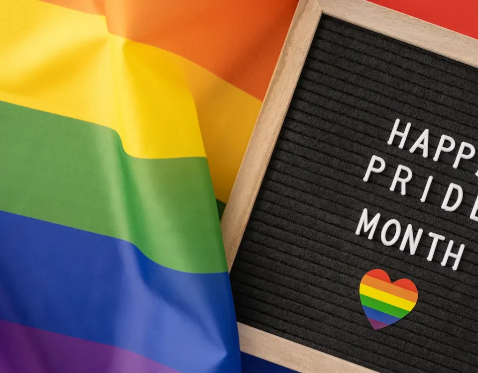 A rainbow flag represents Pride Month.