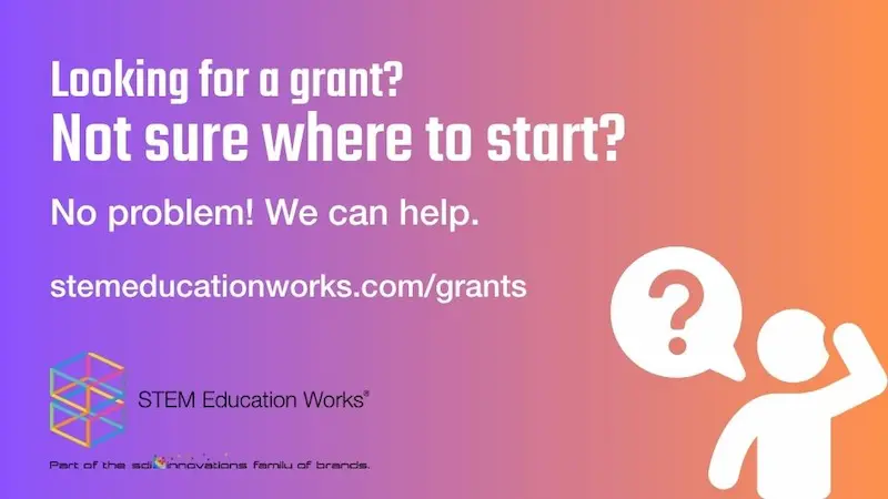 An infographic explaining that STEM Education Works can help educators find STEM education grants