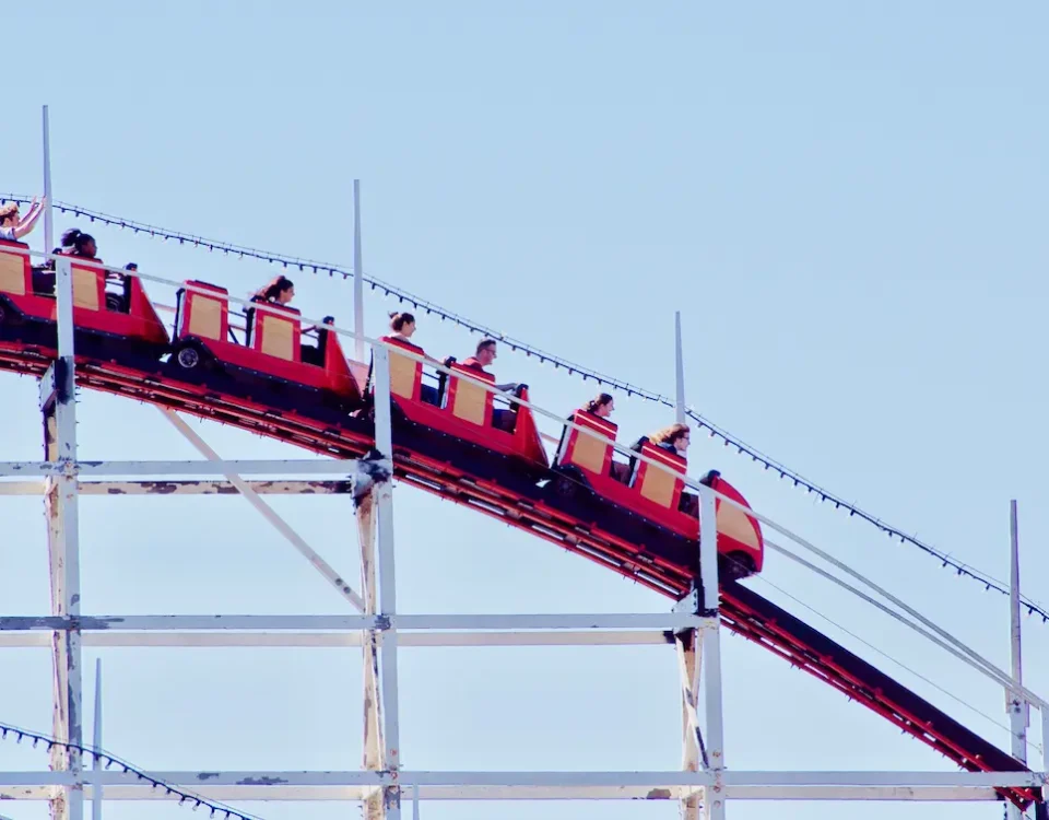 A roller coaster whirs by on National Roller Coaster Day.