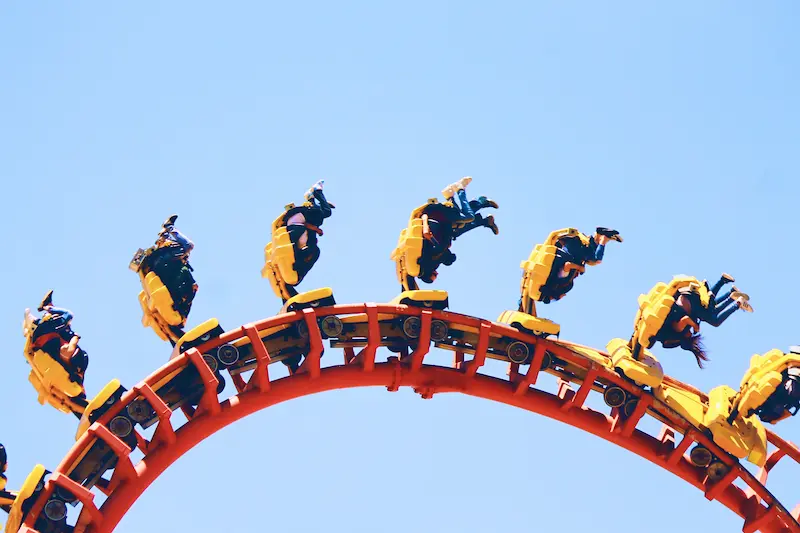 An upside-down roller coaster demonstrates physics. 