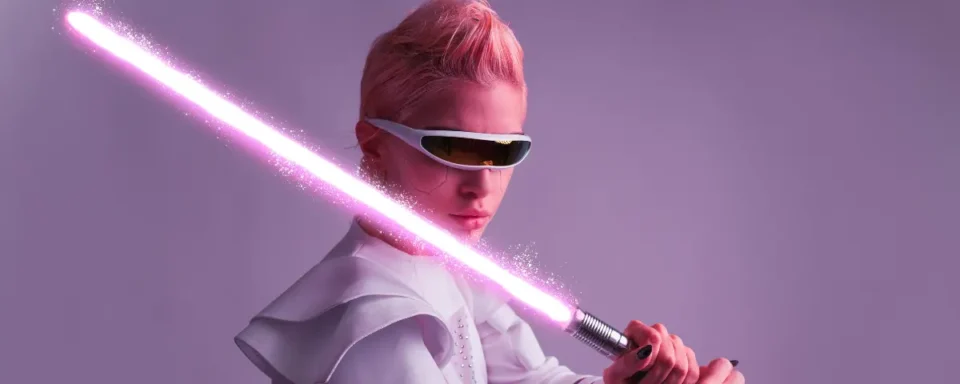 Futuristic, sci-fi woman yielding a lightsaber.