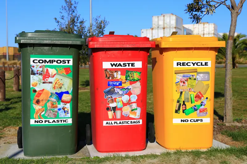 Three waste cans next to each other, including a compost bin, a waste bin, and a recycling bin. 