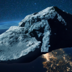 Asteroid flying above Earth in space.
