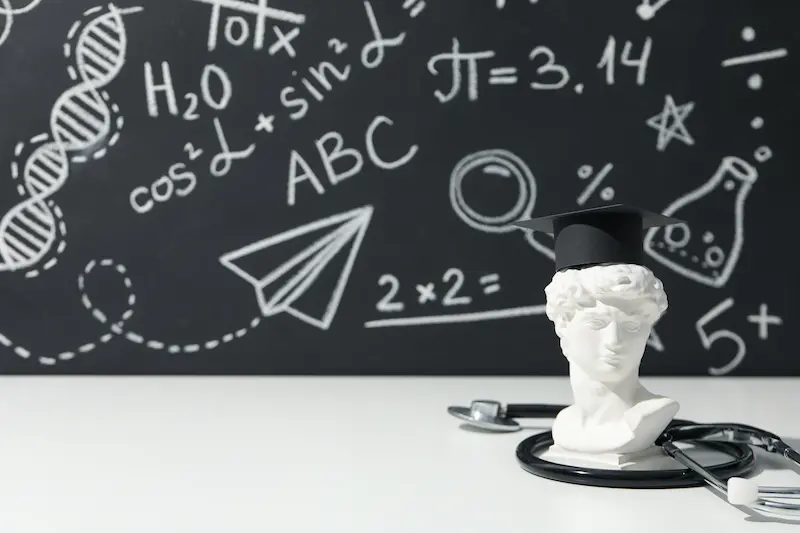 A white sculpture of a human head. In the background, a chalkboard has equations written on it.