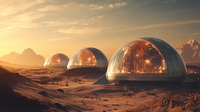 Futuristic domed glass habitats for humans on the red planet Mars.