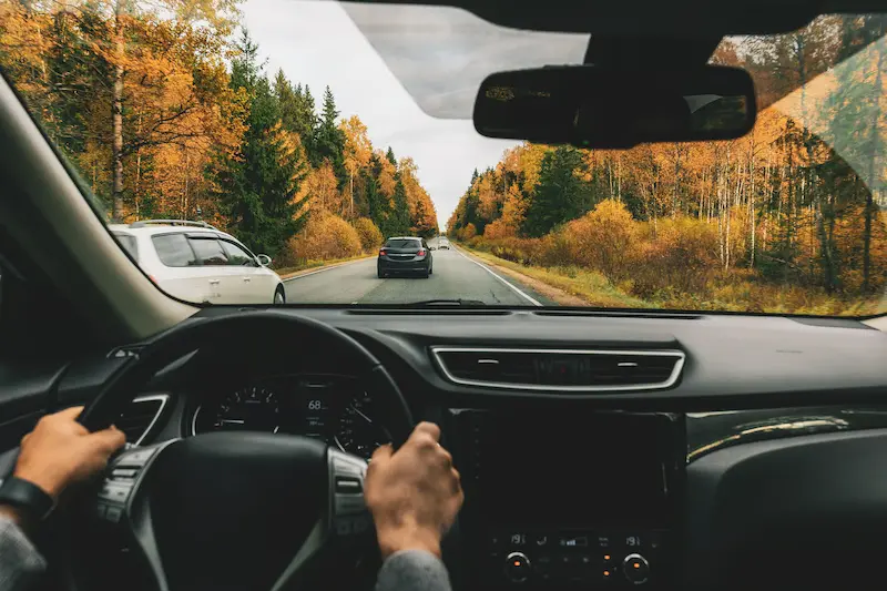 Man driving a car down a picturesque road in fall.