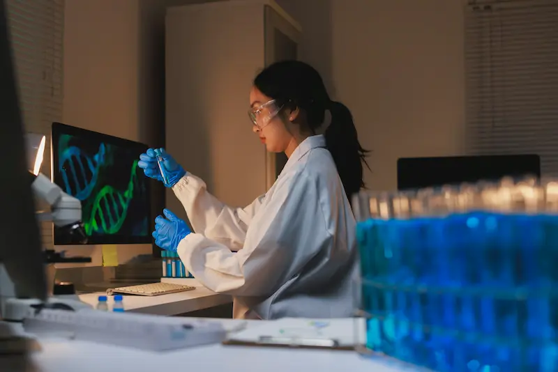 Young woman in a lab coat studying genetics in a laboratory by looking at a test tube.
