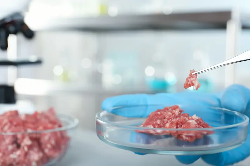  A gloved hand holding a petri dish filled with lab-grown meat.