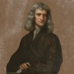 Painting of Isaac Newton with long gray hair and wearing a robe.