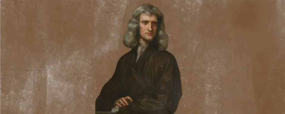 Painting of Isaac Newton with long gray hair and wearing a robe.