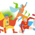 Multiple superheroes with capes with green stench clouds behind them.