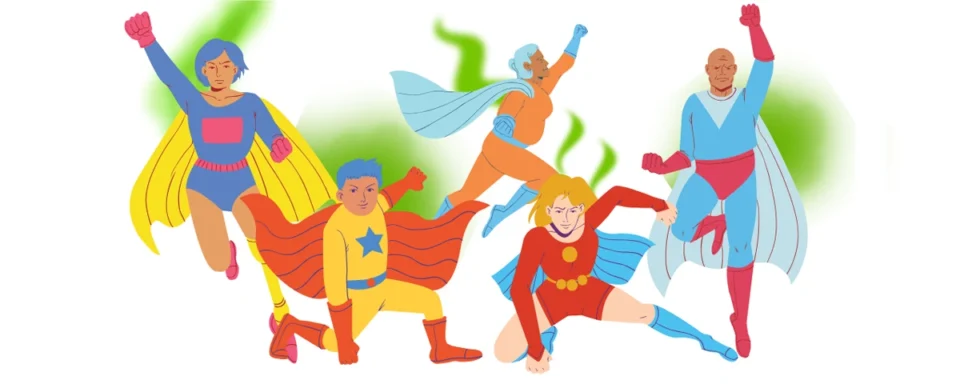 Multiple superheroes with capes with green stench clouds behind them.