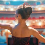 Girl in ballerina outfit standing in the spotlight on a theater stage.