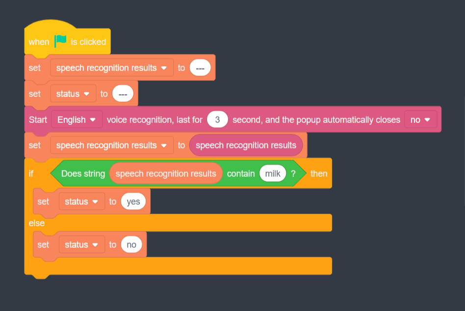 Image of block code sequence that instructs Dobot to recognize voices