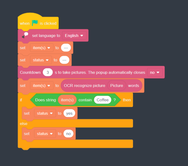 Image of block code sequence that instructs Dobot to recognize text