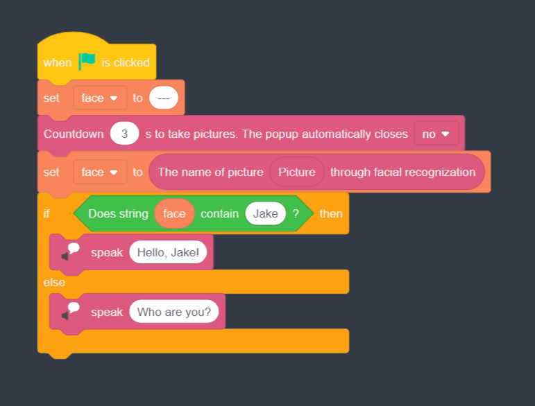 Image of block code sequence that instructs Dobot to recognize faces