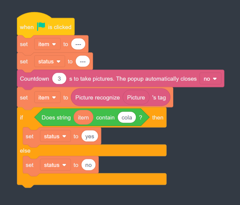 Image of block code sequence that instructs Dobot to recognize images