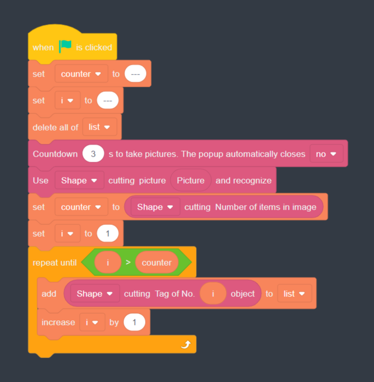 Image of block code sequence that instructs Dobot to recognize shapes