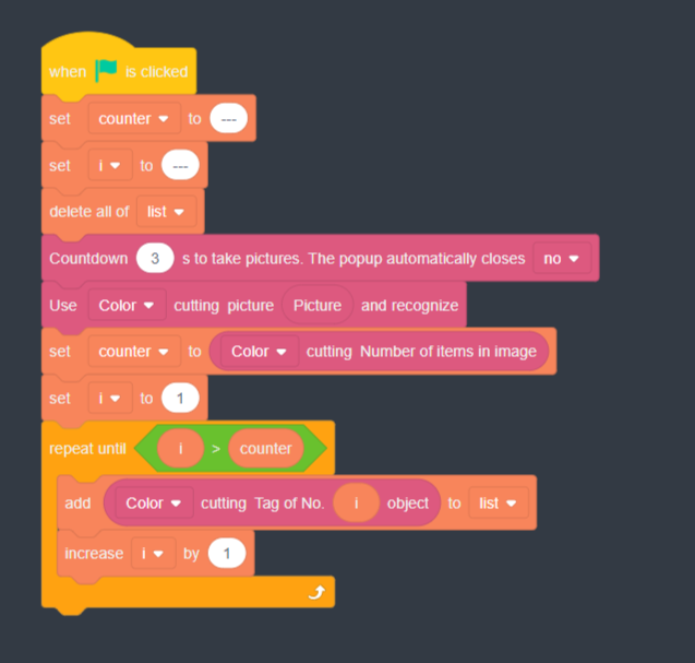 Image of block code sequence that instructs Dobot to recognize colors