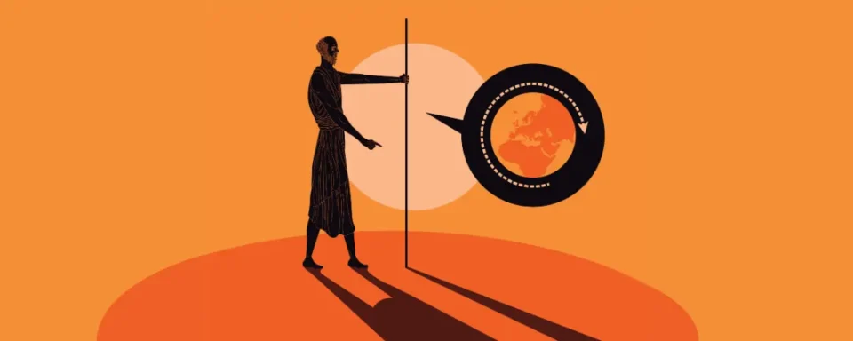Illustration of Eratosthenes observing the shadow of a stick on a curved hemisphere.