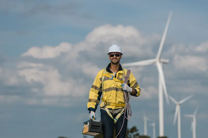 Wind turbine technician holding a toolbox in front of a wind turbine.