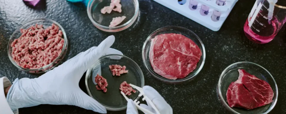 Pieces of lab-grown meat in petri dishes in a laboratory setting.