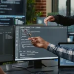Four adults looking at code on a computer screen in an office.