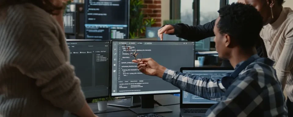 Four adults looking at code on a computer screen in an office.