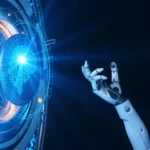 Futuristic robot interacting with an artificial intelligence brain, represented by a hologram.