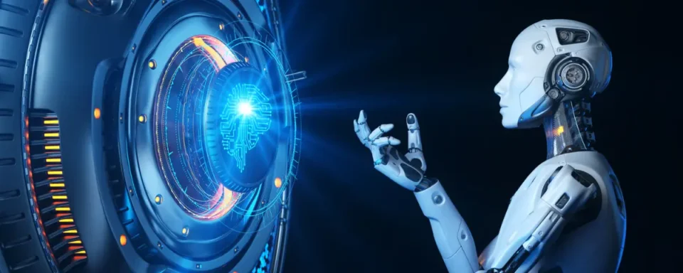 Futuristic robot interacting with an artificial intelligence brain, represented by a hologram.