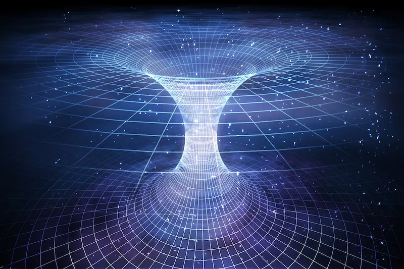3D rendered illustration of a bend in spacetime creating a tunnel, or wormhole.