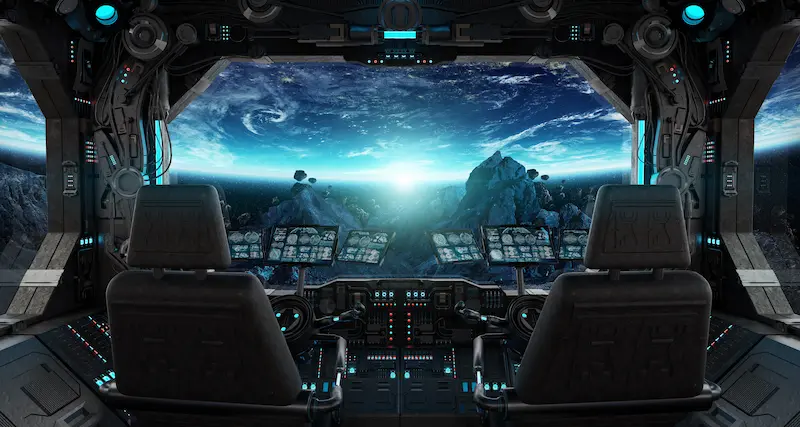 Interior control panel of a spaceship looking at a planet through the front windshield.