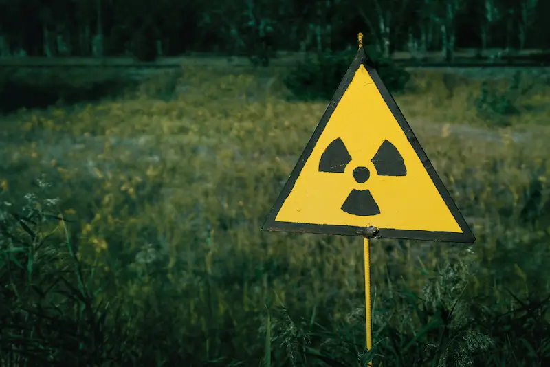 A yellow, triangular radiation hazard sign in a forest outside of Chernobyl.