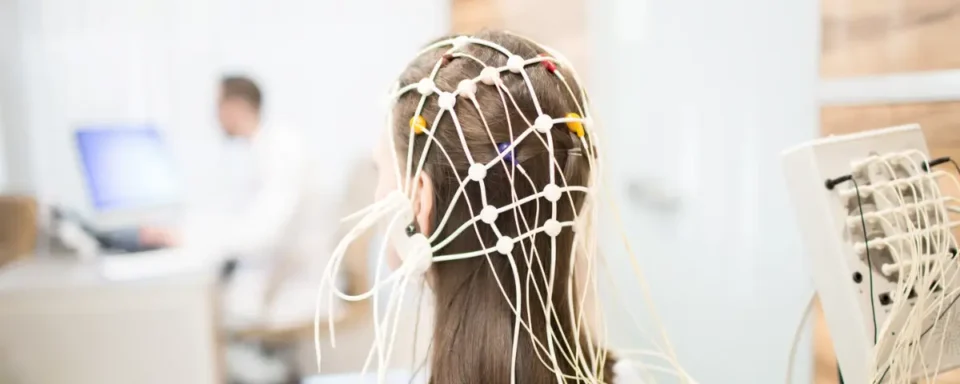 Women with brown hair in a medical clinic getting an EEG brain scan.