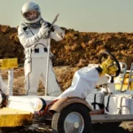 Two astronauts wearing white spacesuits working on a rover vehicle.