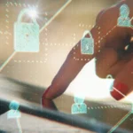 Close-up of a hand pointing at a tablet with people and lock icons connected with lines.