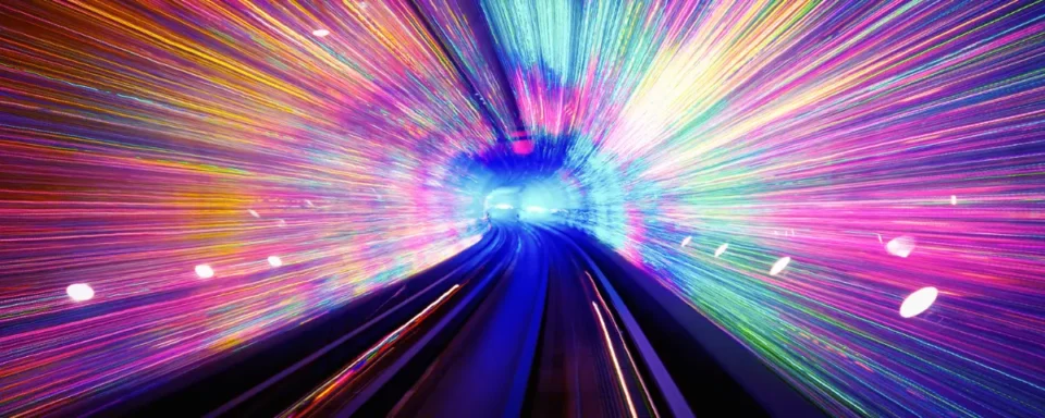 An underground subway tunnel filled with streaks of multicolored light.