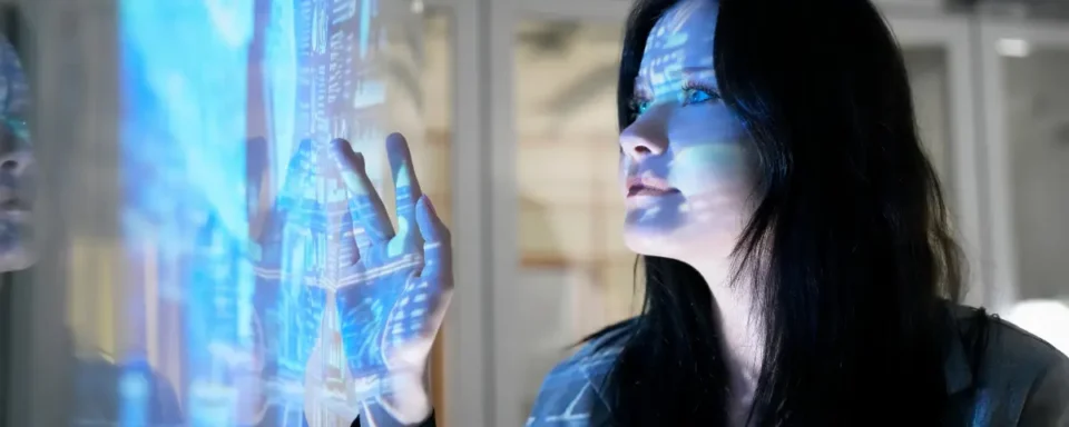 Woman interacting with a blue holographic screen.