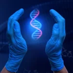 A pair of hands wearing blue medical gloves cupped around a DNA helix.
