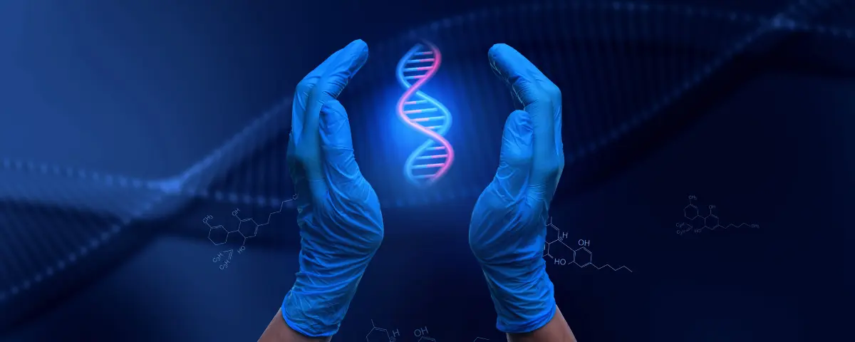 A pair of hands wearing blue medical gloves cupped around a DNA helix.