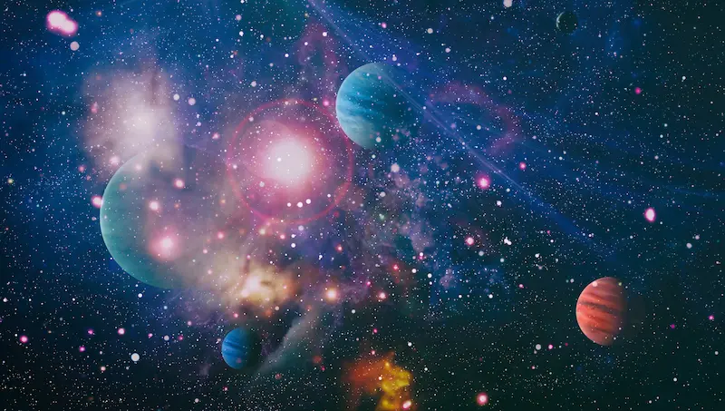  A nebula and multiple planets floating in space light years away from Earth.
