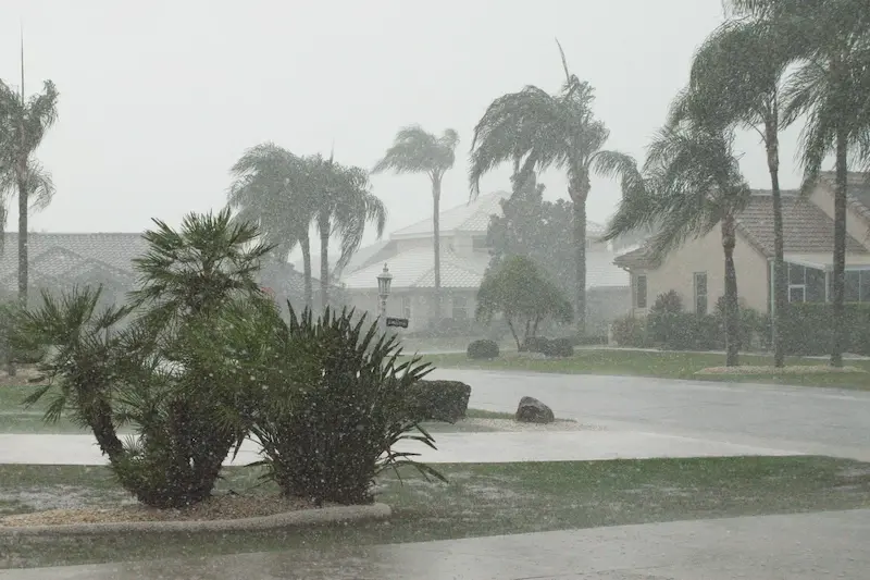 A residential neighborhood in Florida experiencing heavy rain.