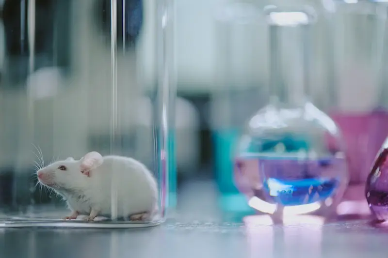 White mouse in a large glass container in a laboratory setting.