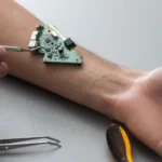 Man repairing a computer chip on his arm.