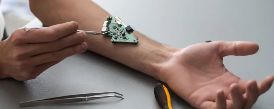 Man repairing a computer chip on his arm.