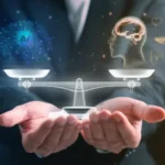 Man holding a hologram scale with an illustration of an AI computer chip on one side and an illustrated human brain on the other side.